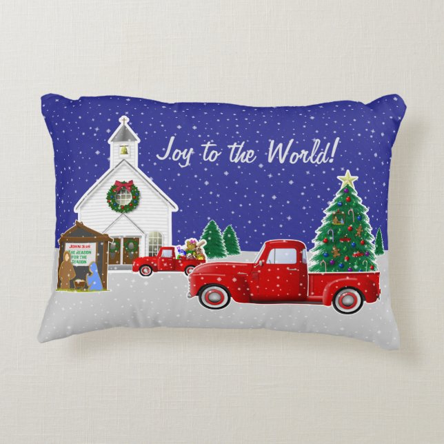 Kleiner roter LKW mit Country Church Dekokissen (Rückseite)