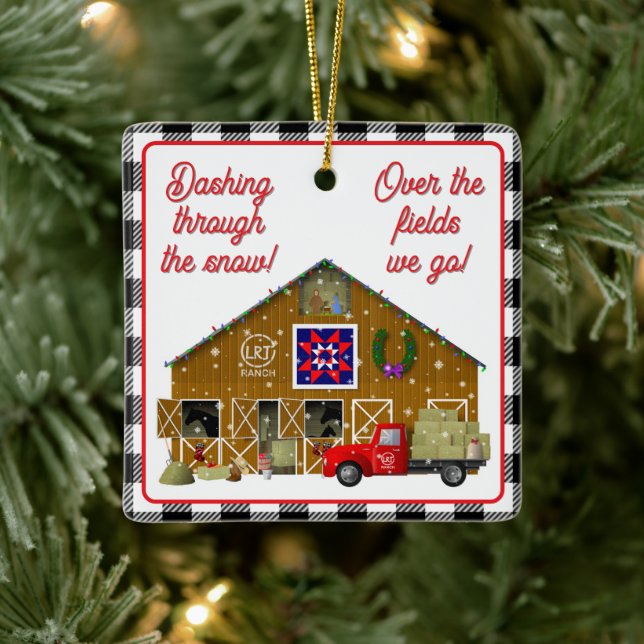 Kleiner roter LKW mit Pferderranchenstall Keramikornament (Baum)