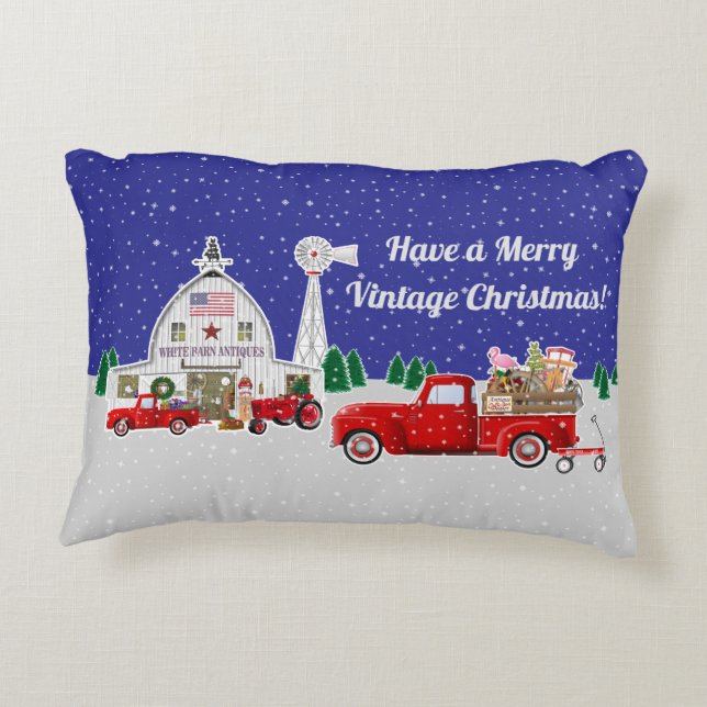 Kleiner roter LKW und antiker weißer Stall Dekokissen (Rückseite)