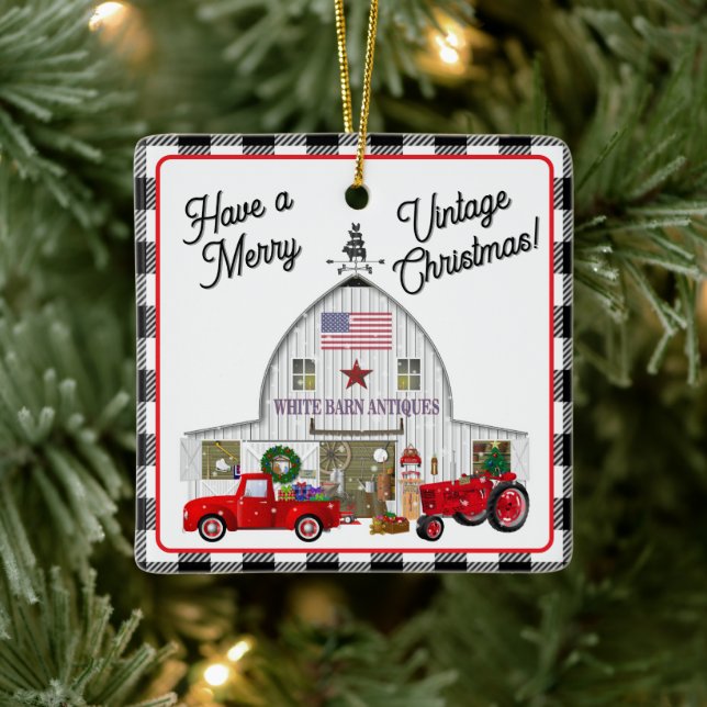 Kleiner roter LKW und antiker weißer Stall Keramikornament (Baum)