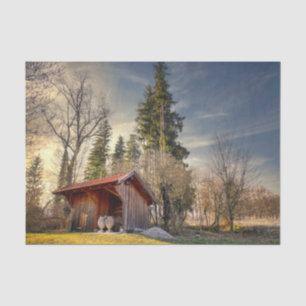 Kleiner Roter Stall mit Keramik Pocken Seidenpapier