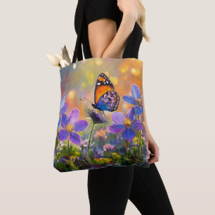 Kleiner Schmetterling auf Wildblumen bei Sonnenauf