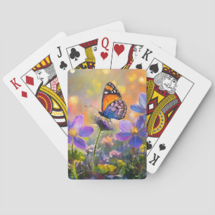 Kleiner Schmetterling auf Wildblumen bei Sonnenauf Spielkarten