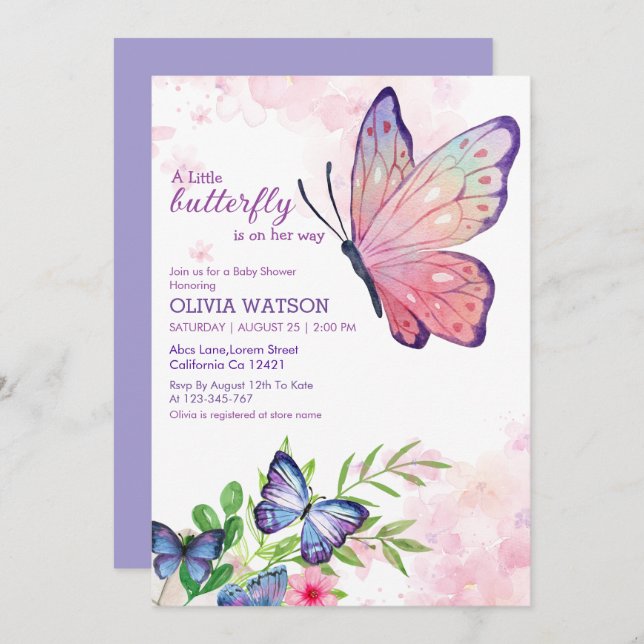 Kleiner Schmetterling ist auf ihrem Weg Blue Baby  Einladung (Vorne/Hinten)