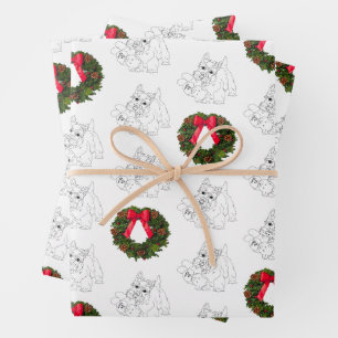 Kleiner Scottie-Hund mit Weihnachtskranz Geschenkpapier Set