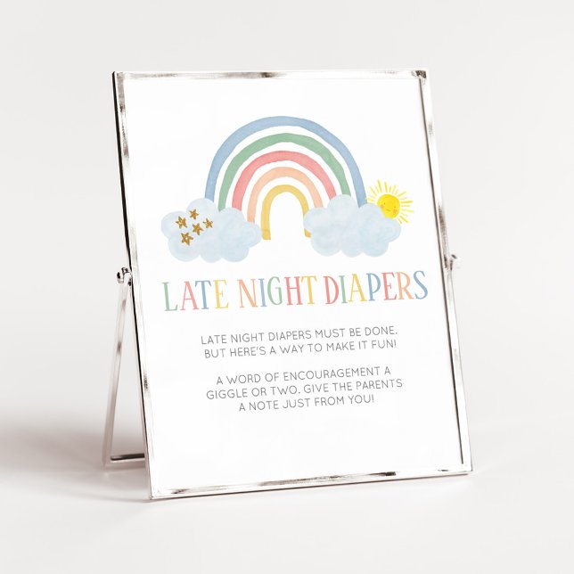 Kleiner Sonnenschein - Spätabend-Windeln-Schild Poster (Rainbow Baby Shower Late Night Diapers Sign)