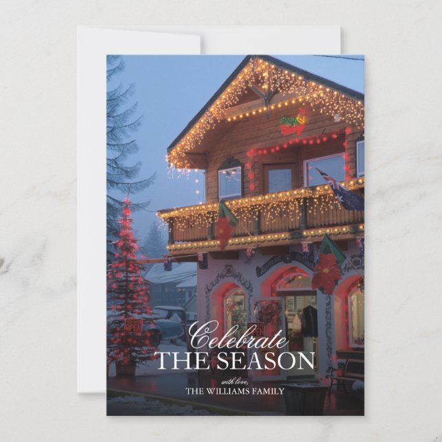 Kleiner städtischer Laden in Weihnachtsbeleuchtung Einladung (Vorderseite)