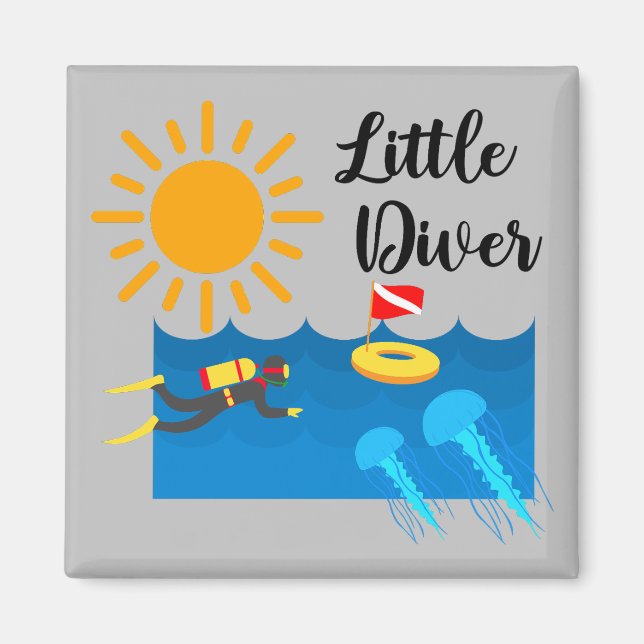 Kleiner Taucher mit Jelly Fish - Square Magnet (Vorne)