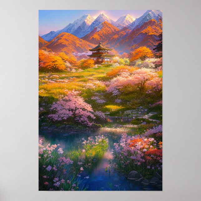 Kleiner Tempel inmitten blühender Natur Poster (Vorne)