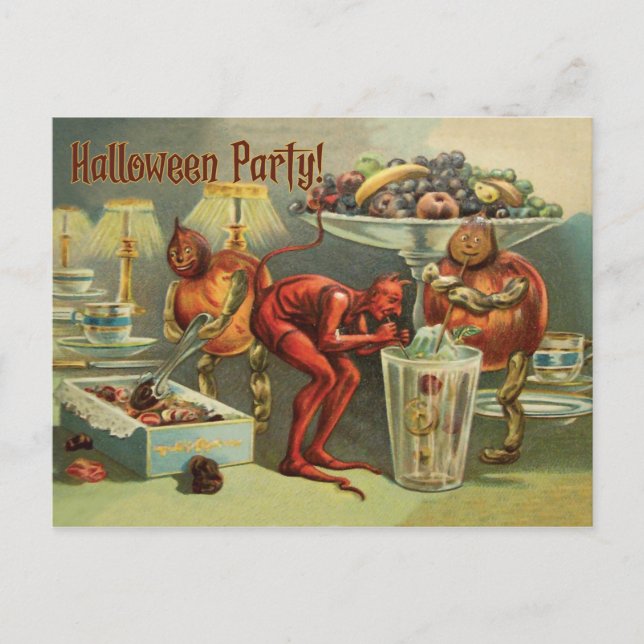 Kleiner Teufel am Tisch, ein Halloween-Party Postkarte (Vorderseite)