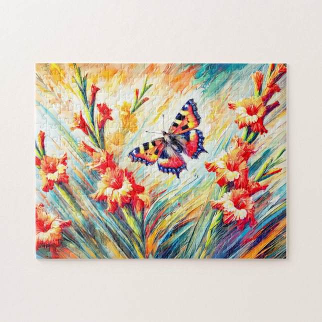 Kleiner Tortoiseshell Schmetterling mit Gladiolus  Puzzle (Horizontal)