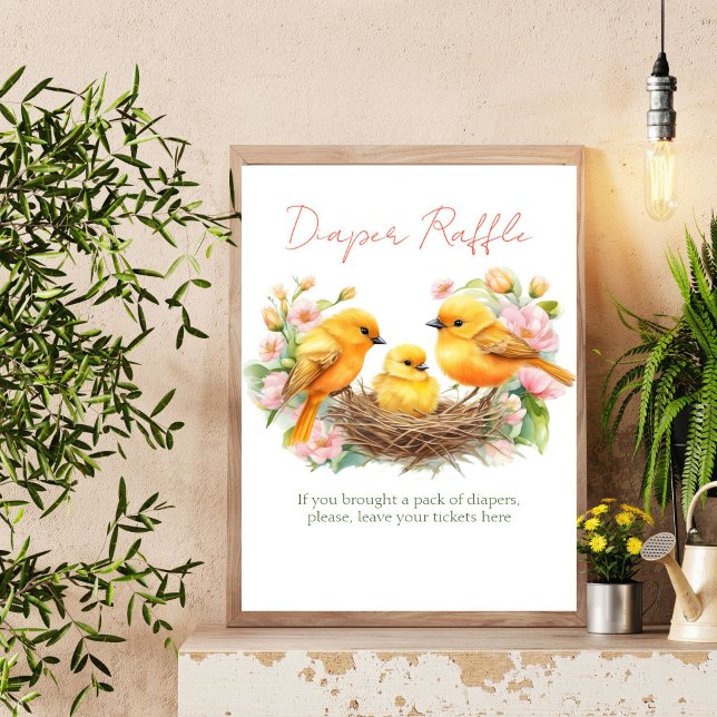 Kleiner Vogel Federbaby Dusche Windel Gewinnspiel  Poster (Little bird spring baby shower diaper raffle sign hatching soon  ready to hatch cute canary birds)