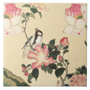 KLEINER VOGEL MIT ROSA ROSEN UND LOTUSBLÜTEN FLIESE