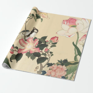 KLEINER VOGEL MIT ROSAFARBENEN ROSEN UND LOTUSBLÜT GESCHENKPAPIER