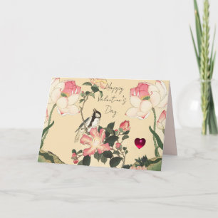 KLEINER VOGEL,ROSA ROSEN,LOTUSBLUME Valentinstag Feiertagskarte