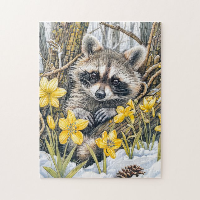 Kleiner Waschbär unter Frühlings-Eichen Puzzle (Vertikal)