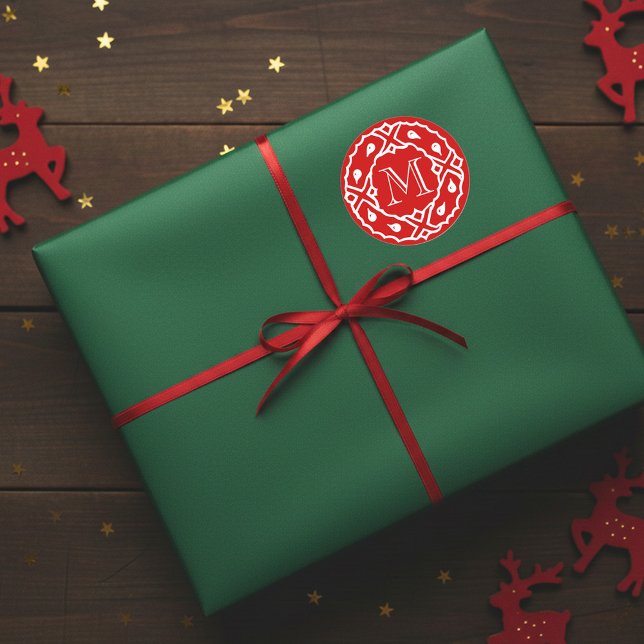 Kleiner Weihnachtsbaum mit Kranzmonographie Runder Aufkleber (Elegant Christmas gift sticker with monogram)