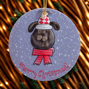 Kleiner Weihnachtshund mit gestrickter Mütze und S Keramik Ornament