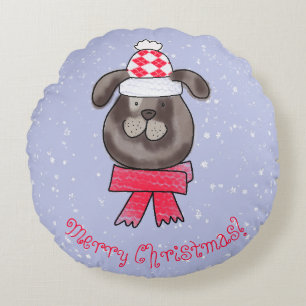Kleiner Weihnachtshund mit gestrickter Mütze und S Rundes Kissen
