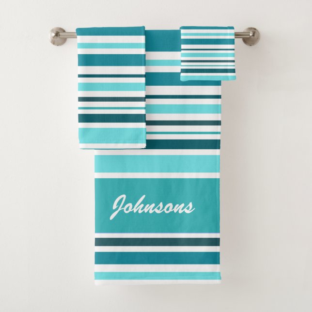 Kleines, Aquamarin gestreiftes Monogramm Badhandtuch Set (Insitu)