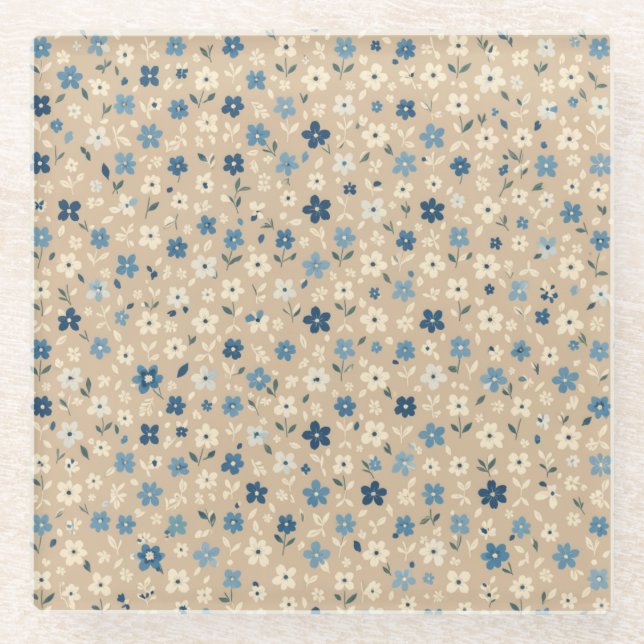 Kleines blau-weißes Blumenmuster Glasuntersetzer (Vorderseite)