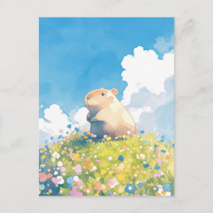 Kleines Capybara auf sonniger Hügelwiese mit Wildb Postkarte