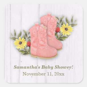 Kleines Cowgirl Bootie Babydusche Weiß Wood Quadratischer Aufkleber