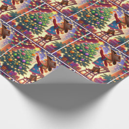 Kleines Cowgirl im Stuhl dekoriert Weihnachtsbaum Geschenkpapier