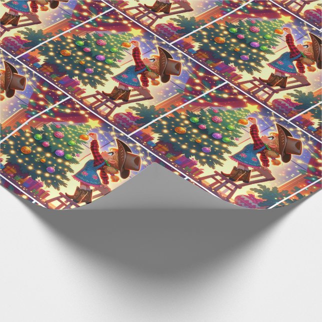 Kleines Cowgirl im Stuhl dekoriert Weihnachtsbaum Geschenkpapier (Ecke)