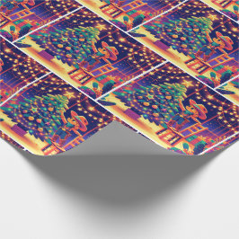 Kleines Cowgirl im Stuhl dekoriert Weihnachtsbaum Geschenkpapier