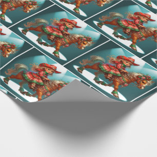 Kleines Cowgirl mit Weihnachtskostüm auf Pferd Geschenkpapier