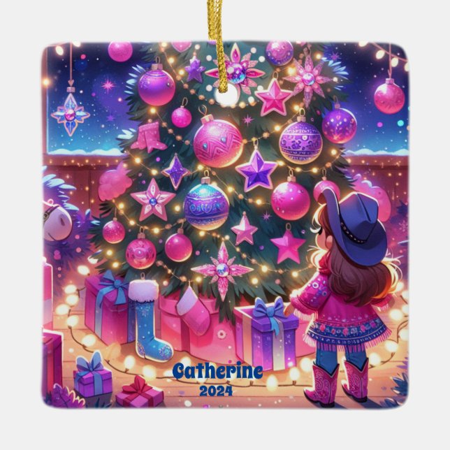 Kleines Cowgirl Stehend vor Baumgewohnheiten Keramikornament (Vorderseite)