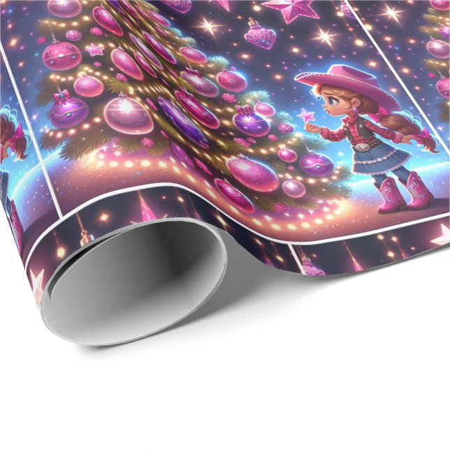 Kleines Cowgirl Stehend vor drei Weihnachten Geschenkpapier (Rolleneckpunkt)