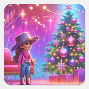 Kleines Cowgirl Stehend vor drei Weihnachten Quadratischer Aufkleber