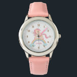 Kleines Einhorn mit Stern auf Rainbow Pink Watch Armbanduhr<br><div class="desc">Eine personalisierte Armbanduhr für kleine Mädchen,  die Liebe einhorchen! Es verfügt über ein niedliches und hübsches kleines Einhorn mit üppig rosafarbenem,  lockigen Mann,  der auf einer Regenbogenbrücke über zwei Wolken läuft.</div>