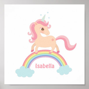 Kleines Einhorn mit Stern auf Regenbogen-Mädchen-W Poster