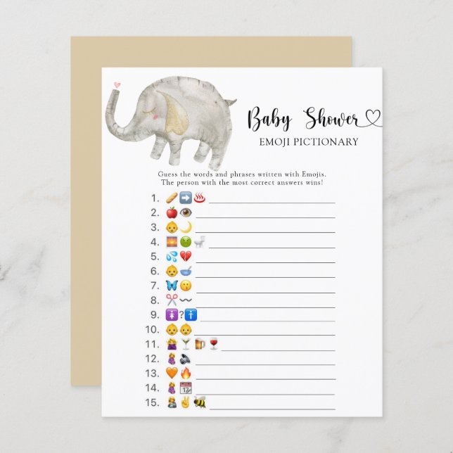 Kleines Elefant Baby Dusche Emoji Pictionary Game (Vorne/Hinten)