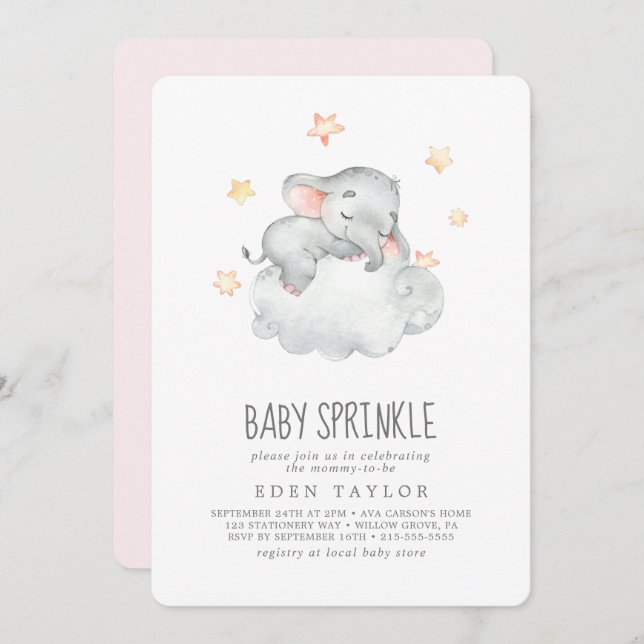 Kleines Elefantenmädchen schlafen Baby Sprinkle Einladung (Vorne/Hinten)