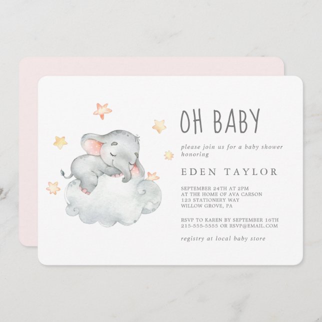 Kleines Elefantenmädchen schlafen Oh Babydusche Einladung (Vorne/Hinten)