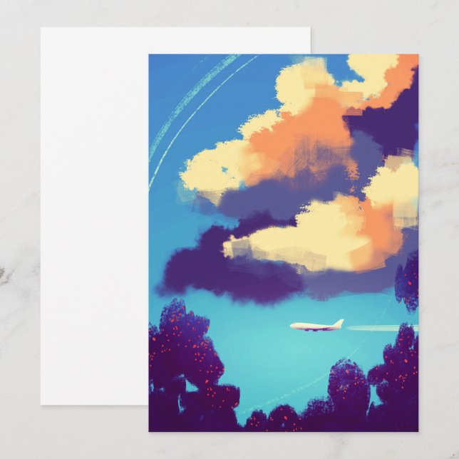 Kleines Flugzeug in Orange Clouds  Einladung (Vorne/Hinten)
