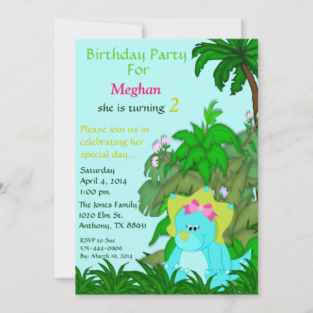 Kleines Fräulein Dino Birthday Invitation Einladung (Vorderseite)