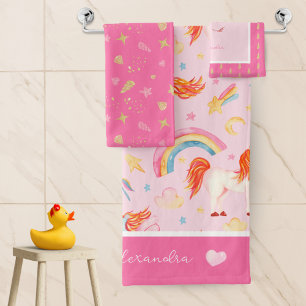 Kleines Girl Pink Einhorn Muster mit Vorname Badhandtuch Set