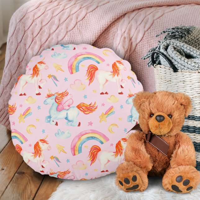 Kleines Girl Pink Einhorn Muster mit Vorname Rundes Kissen (Von Creator hochgeladen)