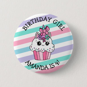 Kleines Girl's Birthday Girl Unicorn Cupcake Button