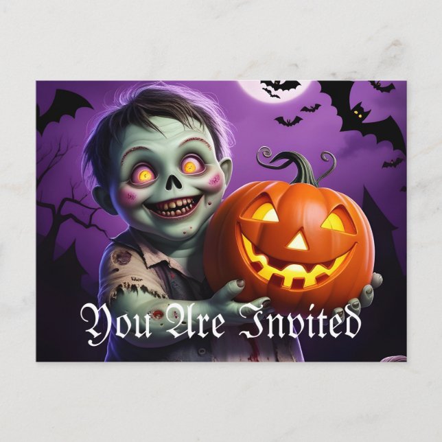 Kleines grünes Monster & Pumpkin Friend Einladungspostkarte (Vorderseite)