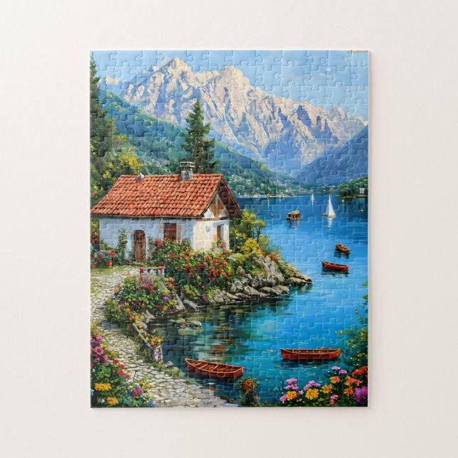 Kleines Haus am Fuße eines Bergsees Puzzle (Vertikal)