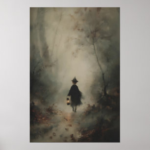 Kleines Hexenkind im nebligen dunklen Wald mit Poster