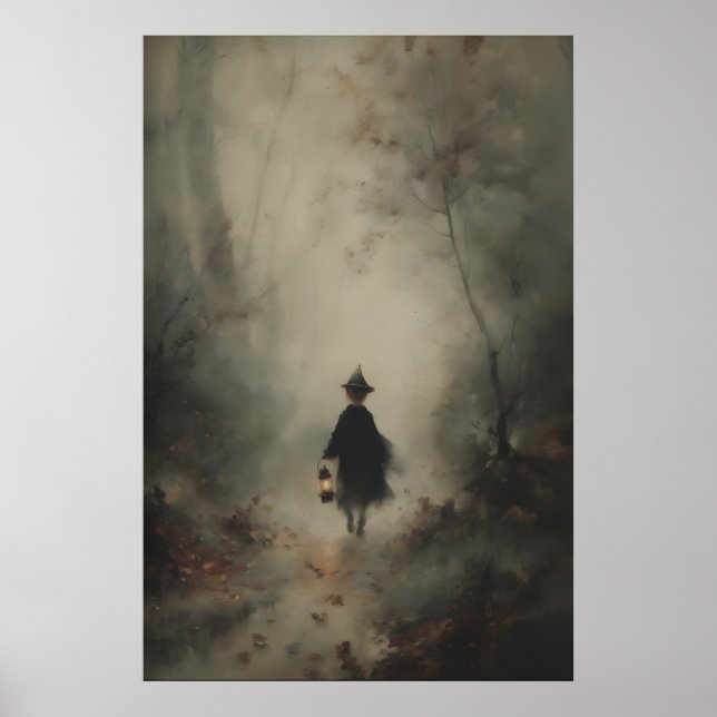 Kleines Hexenkind im nebligen dunklen Wald mit Poster (Vorne)
