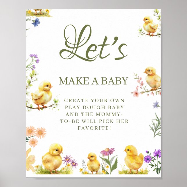 Kleines Huhn macht ein Baby Shower Game Schild (Vorne)