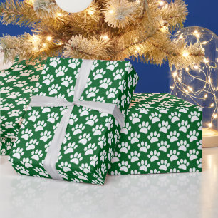 Kleines Hundetaten-Druckmuster in Weiß und Grün Geschenkpapier